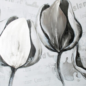 Bloemen Grijs/Wit Olieverfschilderij Op Linnen 60x150 cm