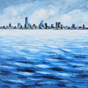 Skyline Aan Water Olieverfschilderij Op Linnen 100x100 cm