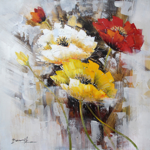 Bloemen Rood Geel Wit Olieverfschilderij Op Linnen 100x100 cm