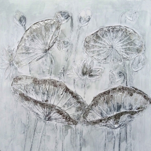 Grijs Wit Bloemen Olieverfschilderij Op Linnen 100x100 cm
