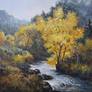 Riviertje Tussen De Bossen Olieverfschilderij Op Linnen 100x100 cm