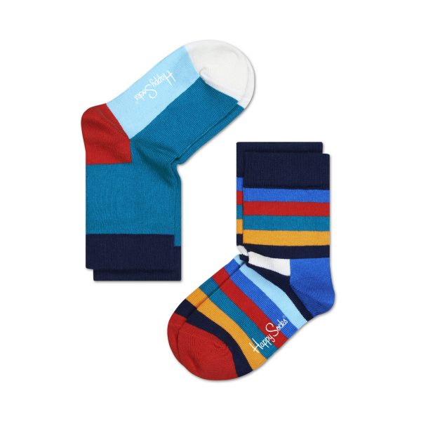 2-Pack Happy Socks Kids Stripe Sokken, Donkerblauw/Oranje/Wit