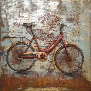 3D Metaal Schilderij - Fiets & Wereldbol