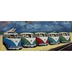 3D Metaal Schilderij - 5 Gekleurde Camper Busjes