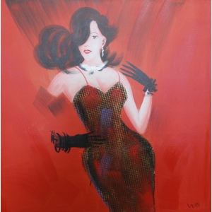 Lady In Red Olieverfschilderij Op Linnen 100x100 cm