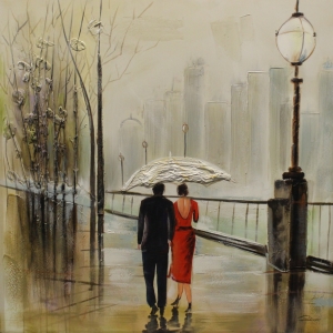 Walking In The Rain Olieverfschilderij Op Linnen 100x100 cm