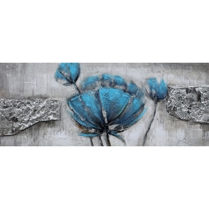 Bloem Blauw/Grijs Olieverfschilderij Op Linnen 60x150 cm