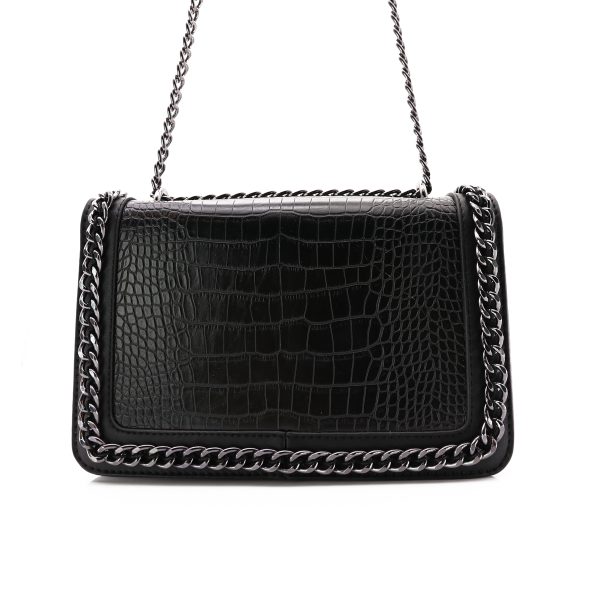 Catena Schoudertas Met Croco Print, Medium, Zwart