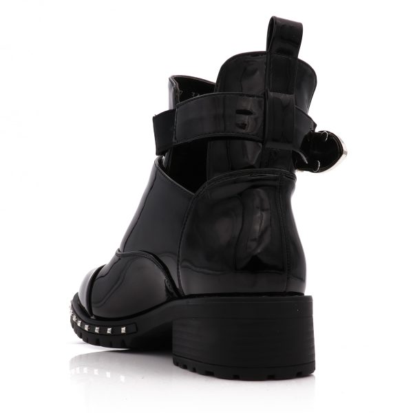 Cut Out Buckle Boots Met Studs, Black Lacquer