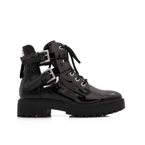 Cut Out Veterboots Met Dubbele Gespen, Black Lacquer