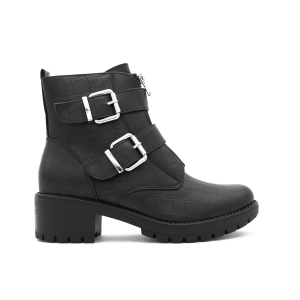 Double Buckle Boots, Zwart Croco