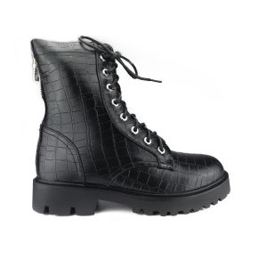 Zwarte Veterboots Met Dubbele Rits, Croco