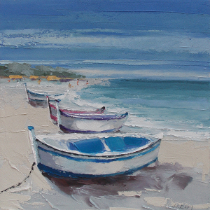 Boten Op Het Strand Olieverfschilderij Op Linnen 100×100 cm