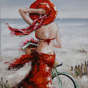 Vrouw Met Fiets Olieverfschilderij Op Linnen 100×100 cm