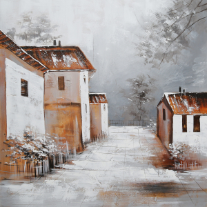 Besneeuwde Huizen Olieverfschilderij Op Linnen 100×100 cm