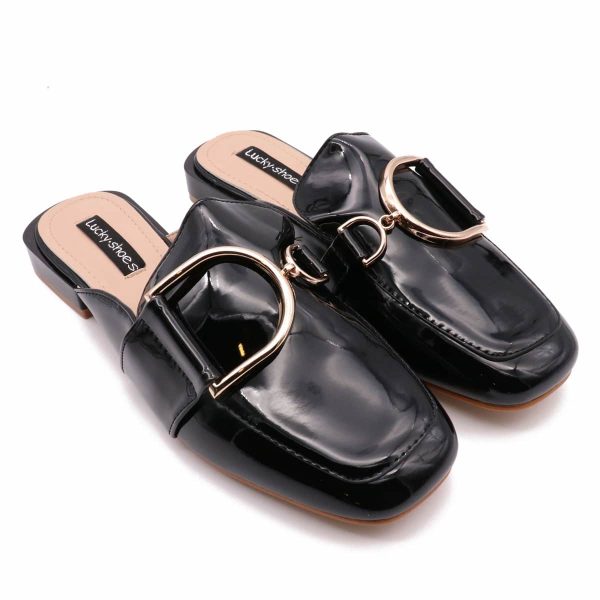 D-Buckle Muiltje Met Hak, Zwart Lak