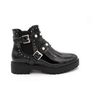 Low Cut Biker Boots Met Parels - Zwarte Lak