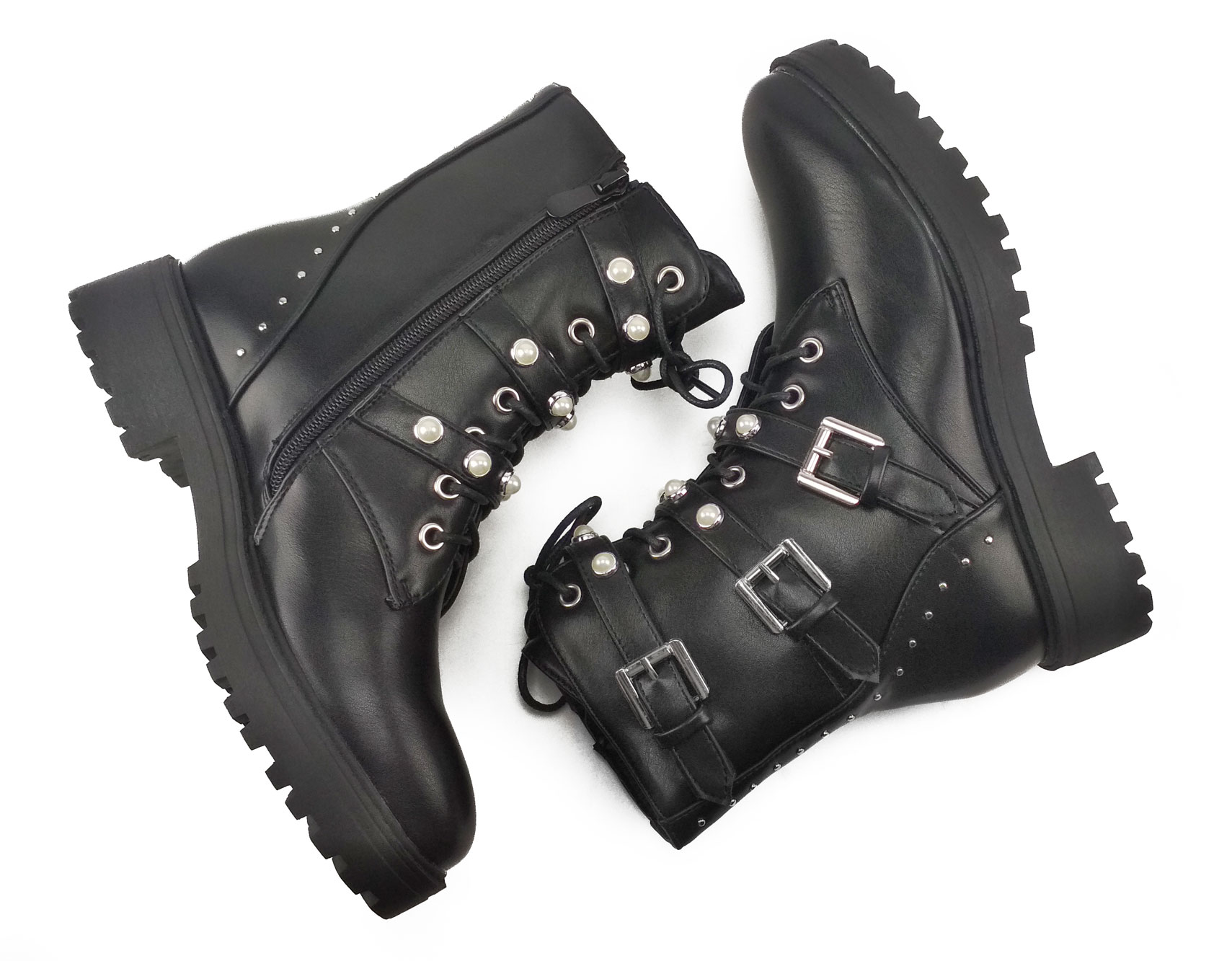 Pearl Buckle Boots met studs, zwart
