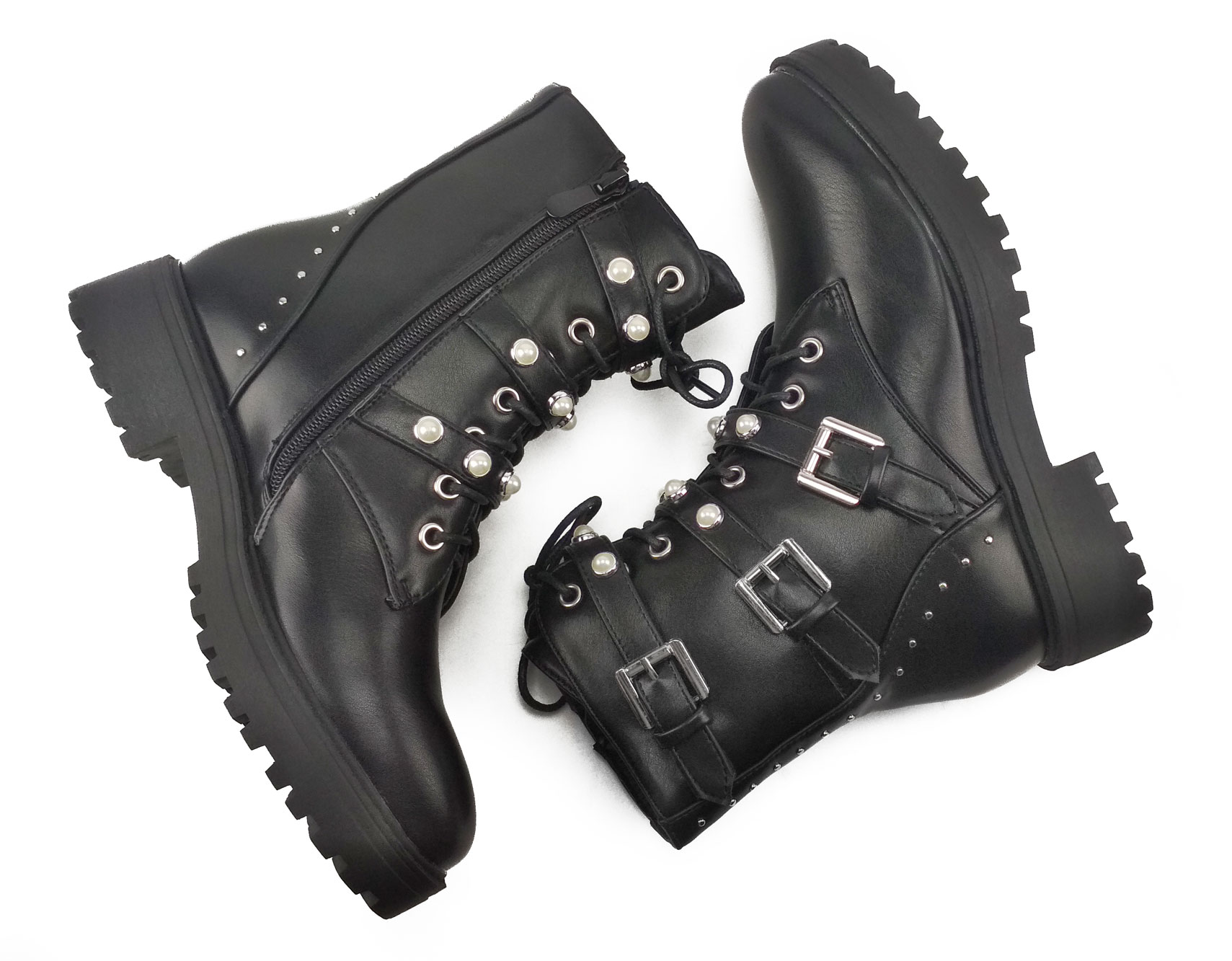 Pearl Buckle Boots met studs, zwart | EXPO