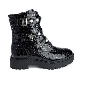 Pearl Buckle Boots Met Studs, Zwart Lak