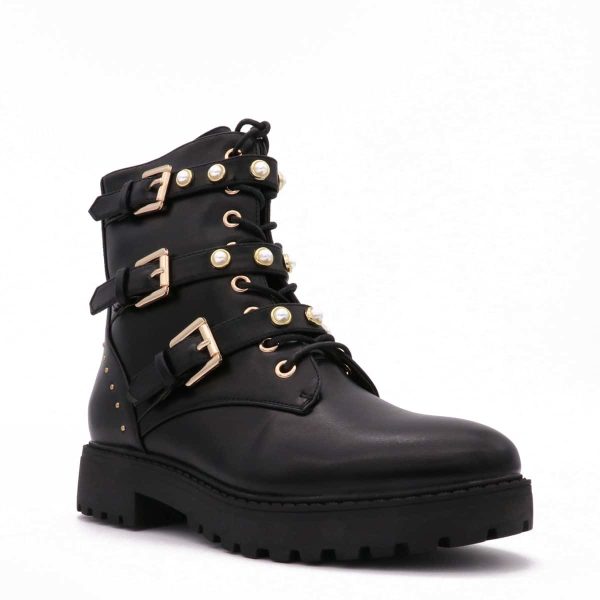 Pearl Buckle Boots Met Studs, Zwart/Goud