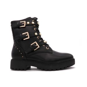 Pearl Buckle Boots Met Studs, Zwart/Goud