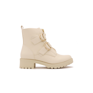 Rounded Buckle Boots, Beige