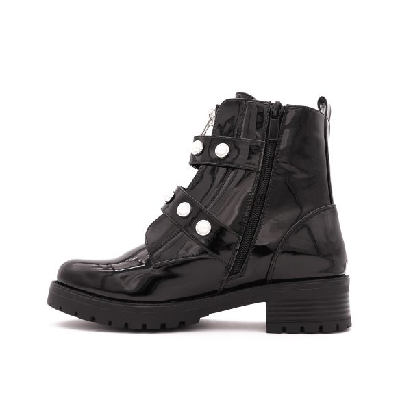 Rounded Buckle Boots Met Parels, Zwart Lak