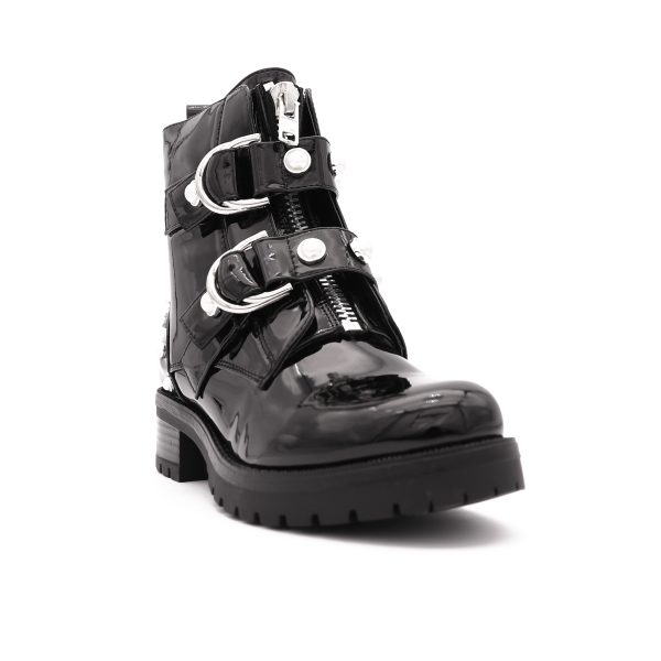 Rounded Buckle Boots Met Parels, Zwart Lak