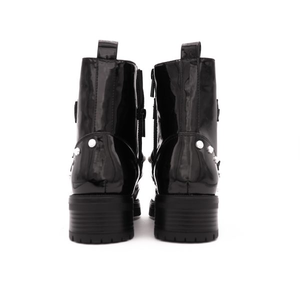 Rounded Buckle Boots Met Parels, Zwart Lak