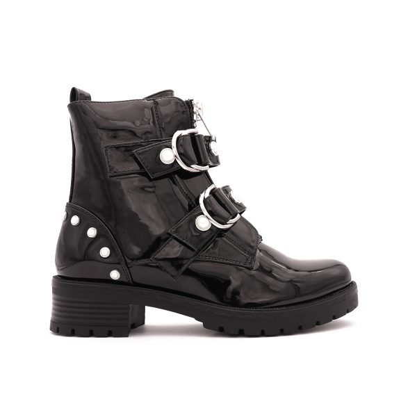 Rounded Buckle Boots Met Parels, Zwart Lak