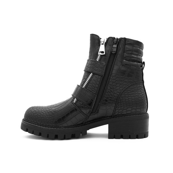 Croco Enkellaarsjes met Dubbele Gespen, Zwart