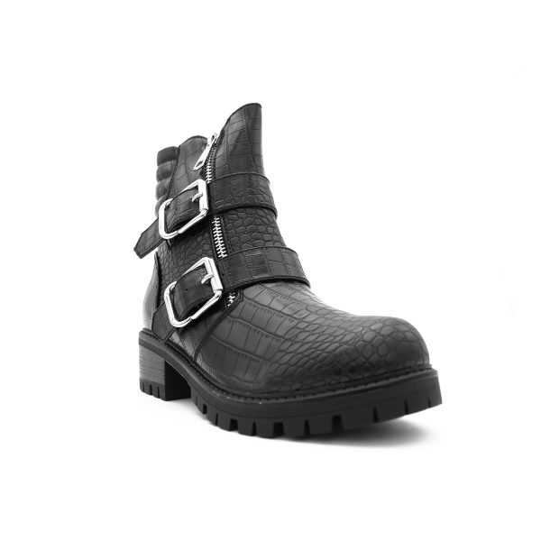 Croco Enkellaarsjes met Dubbele Gespen, Zwart